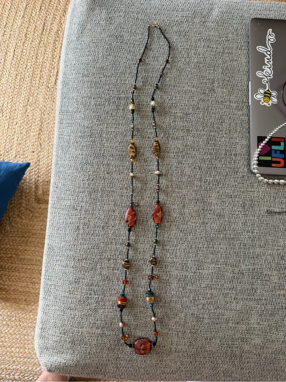 Handcrafted Multicolor Glass Bead Statement Necklace - Gold & Amber Accents